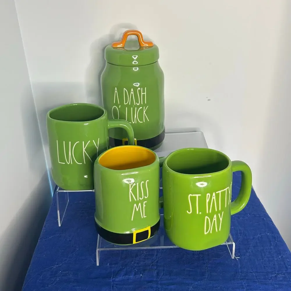 Rae Dunn St Patrick’s Day Mug Set Lucky Kiss Me + Cookie Jar Green Holiday